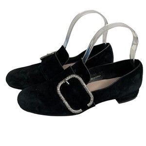 All Black Footwear Loafers Women's 37 US 6.5 Black Suede Rhinestone Buckle a1